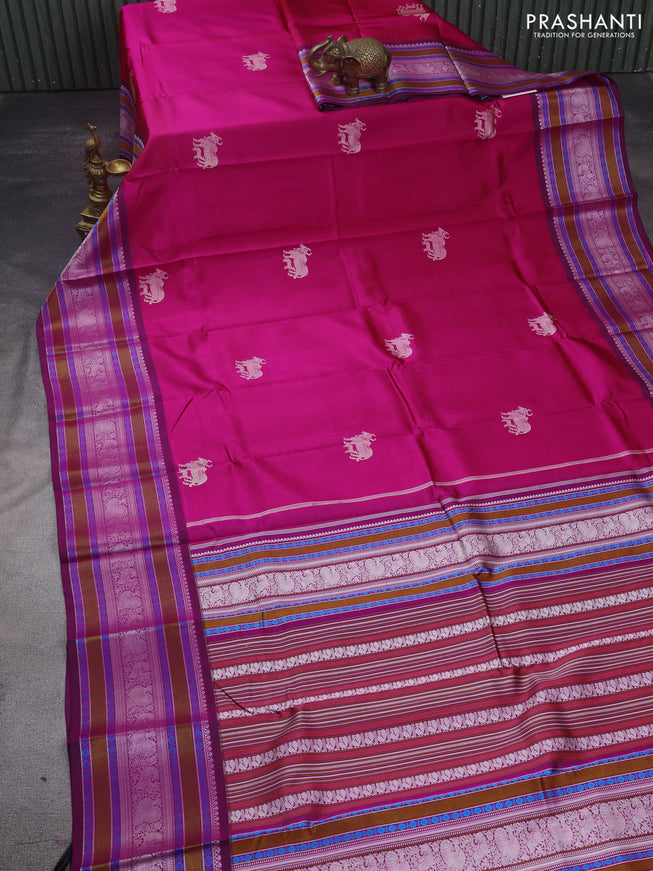 Pure kanchipuram silk saree dual shade of pink and dark magenta pink with thread woven buttas and long thread woven border