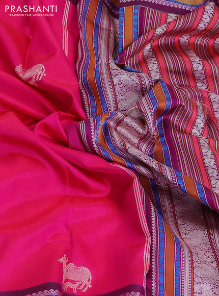 Pure kanchipuram silk saree dual shade of pink and dark magenta pink with thread woven buttas and long thread woven border
