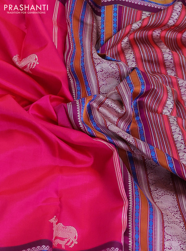 Pure kanchipuram silk saree dual shade of pink and dark magenta pink with thread woven buttas and long thread woven border