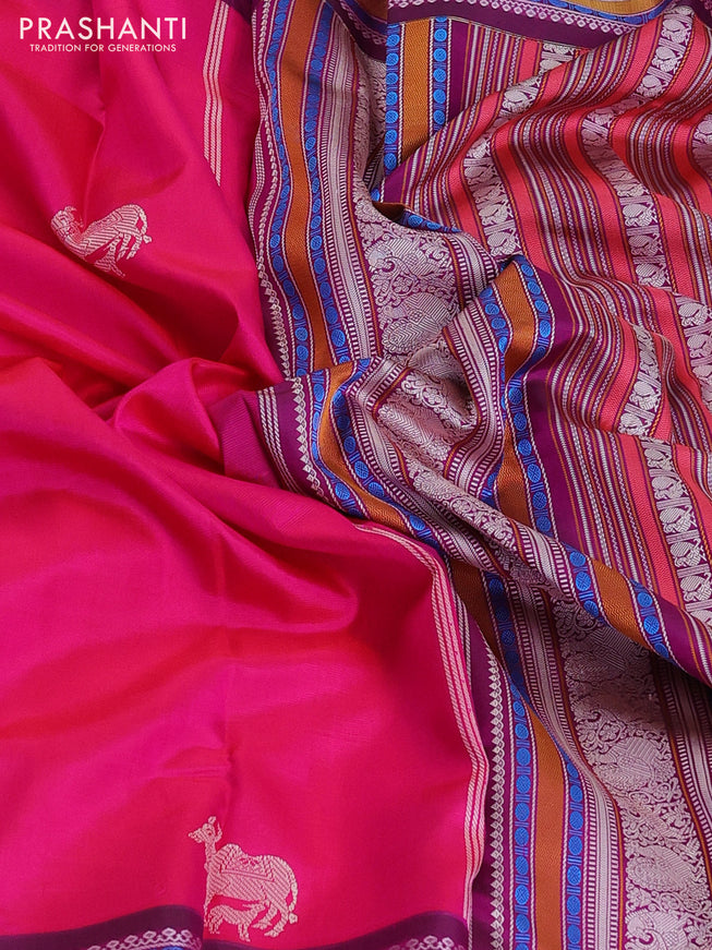 Pure kanchipuram silk saree dual shade of pink and dark magenta pink with thread woven buttas and long thread woven border