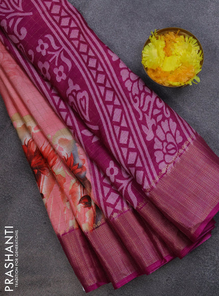 Semi dola saree peach pink and purple with allover zari checks & floral prints and zari woven border