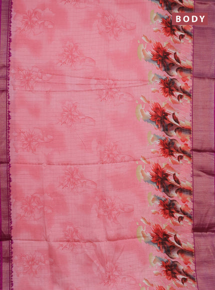 Semi dola saree peach pink and purple with allover zari checks & floral prints and zari woven border