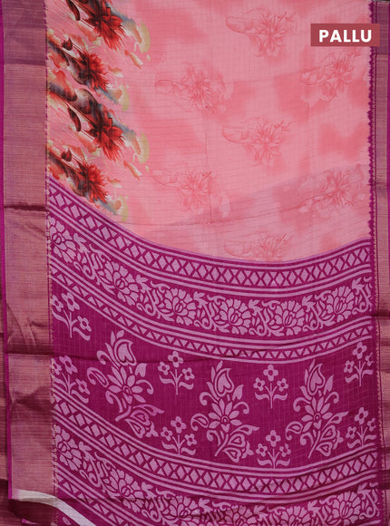 Semi dola saree peach pink and purple with allover zari checks & floral prints and zari woven border