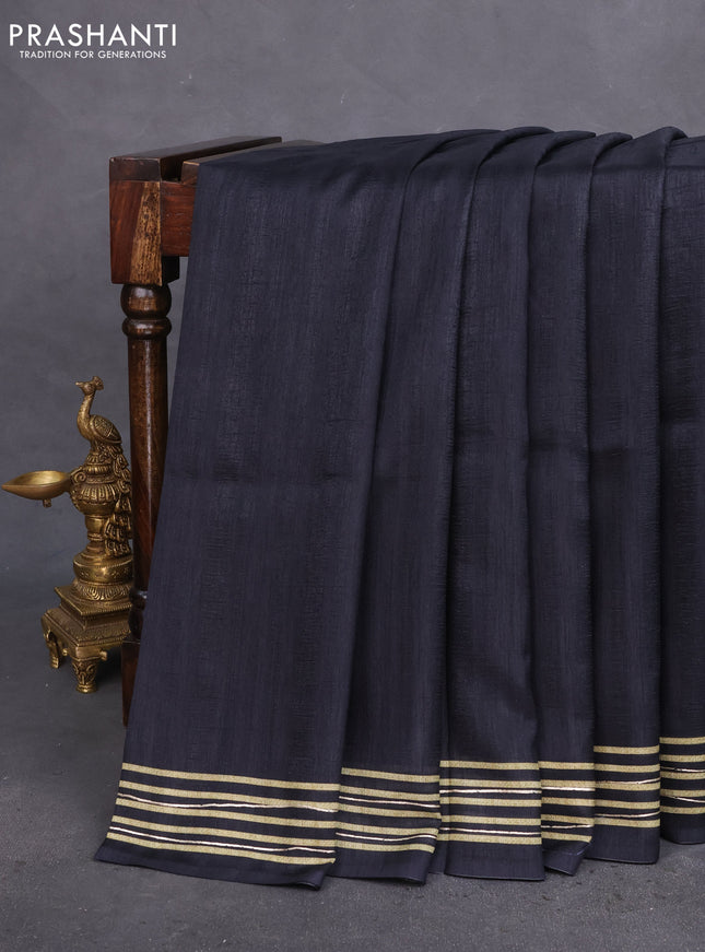 Semi matka tussar saree black and sap green navy blue with plain body and geometric printed pallu