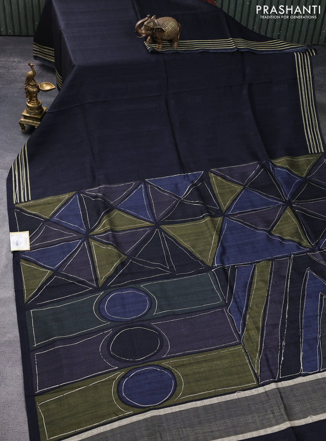 Semi matka tussar saree black and sap green navy blue with plain body and geometric printed pallu