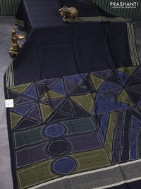 Semi matka tussar saree black and sap green navy blue with plain body and geometric printed pallu