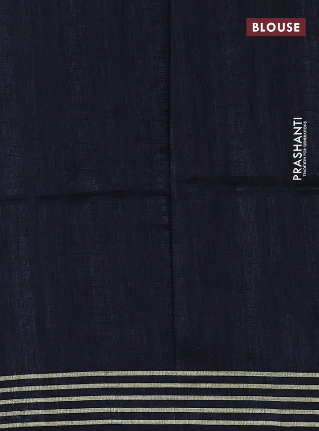Semi matka tussar saree black and sap green navy blue with plain body and geometric printed pallu