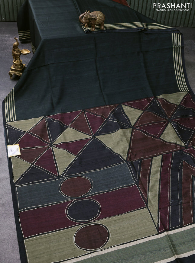 Semi matka tussar saree black and deep maroon with plain body and geometric printed pallu