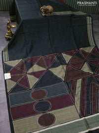 Semi matka tussar saree black and deep maroon with plain body and geometric printed pallu