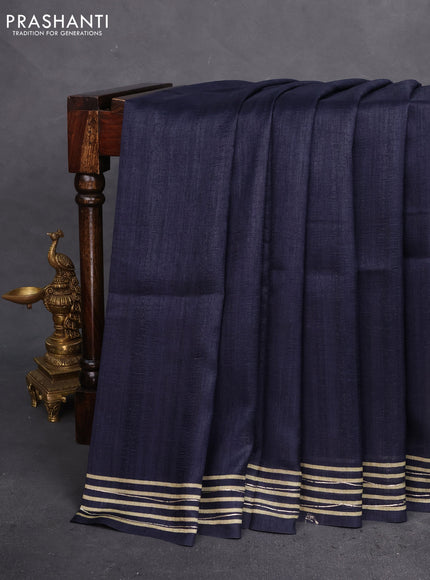 Semi matka tussar saree black and elaichi green navy blue with plain body and geometric printed pallu