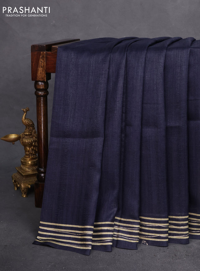 Semi matka tussar saree black and elaichi green navy blue with plain body and geometric printed pallu