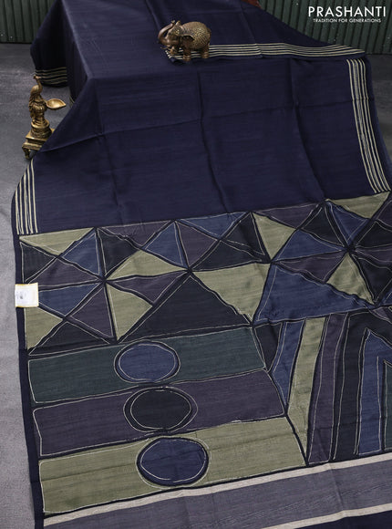 Semi matka tussar saree black and elaichi green navy blue with plain body and geometric printed pallu