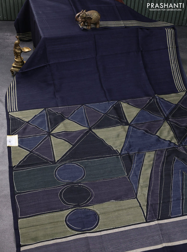 Semi matka tussar saree black and elaichi green navy blue with plain body and geometric printed pallu