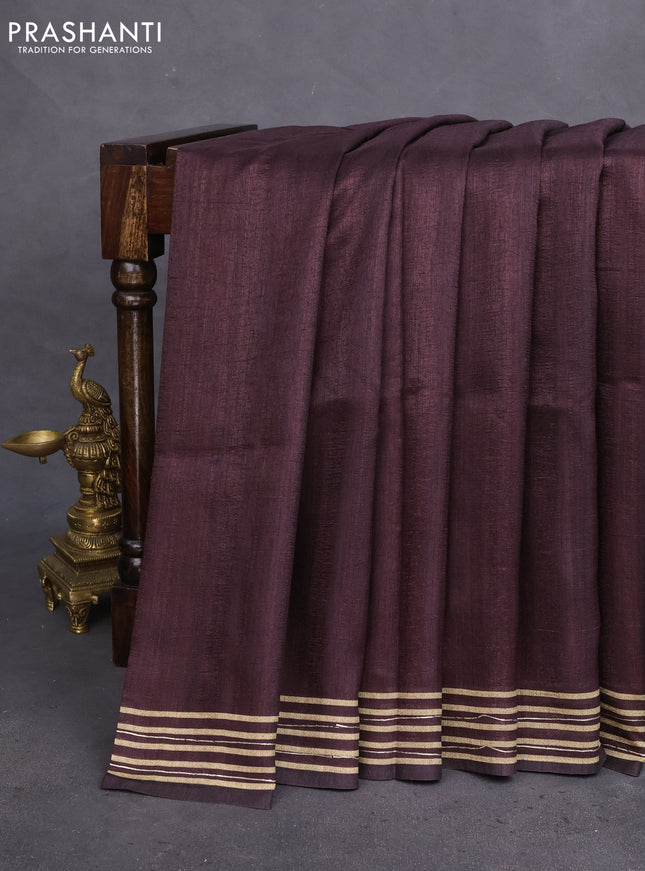 Semi matka tussar saree black and brown maroon with plain body and geometric printed pallu