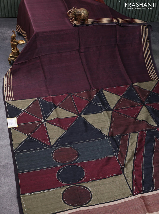 Semi matka tussar saree black and brown maroon with plain body and geometric printed pallu
