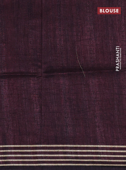 Semi matka tussar saree black and brown maroon with plain body and geometric printed pallu