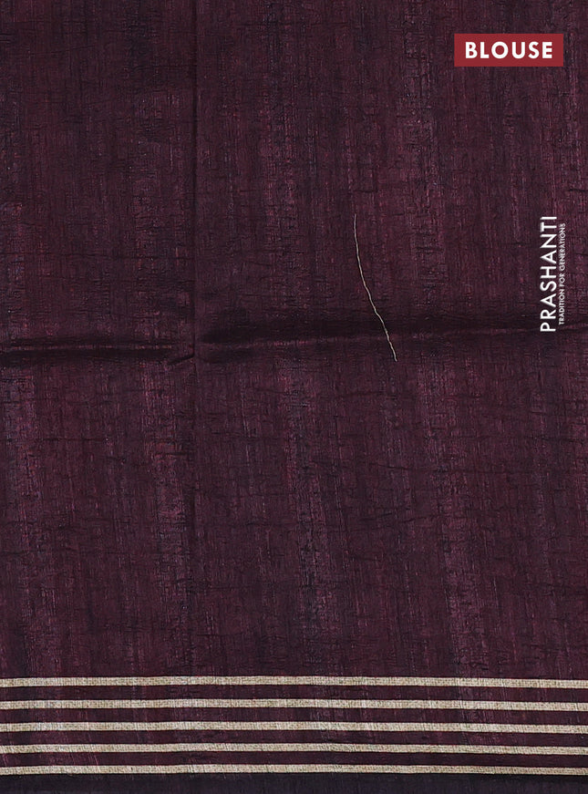 Semi matka tussar saree black and brown maroon with plain body and geometric printed pallu