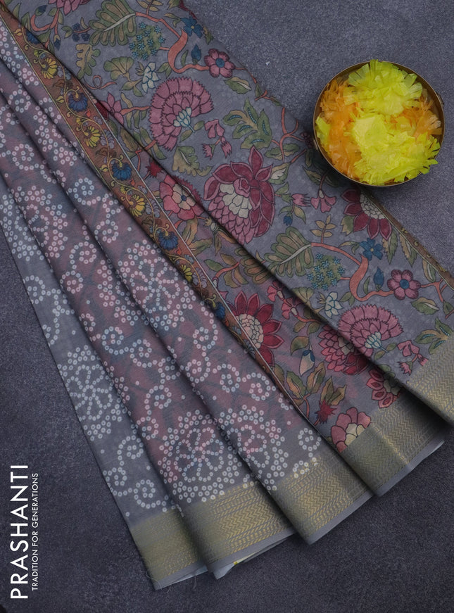 Spun cotton saree grey with allover bandhani prints and zari woven border
