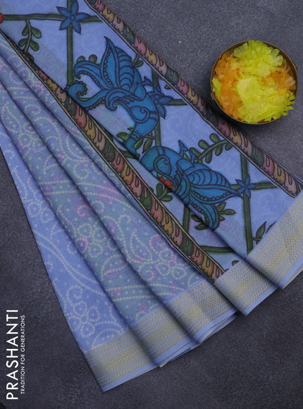 Spun cotton saree blue shade with allover bandhani prints and zari woven border