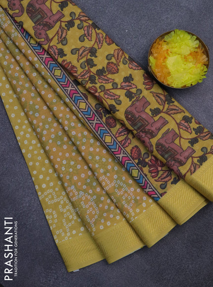 Spun cotton saree yellow with allover bandhani prints and zari woven border