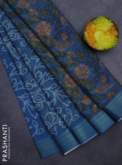 Spun cotton saree blue shade with allover bandhani prints and zari woven border