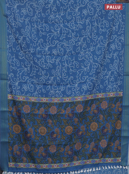 Spun cotton saree blue shade with allover bandhani prints and zari woven border