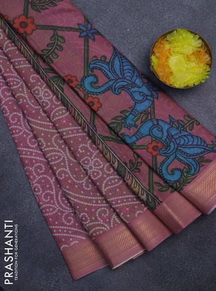 Spun cotton saree pink shade with allover bandhani prints and zari woven border