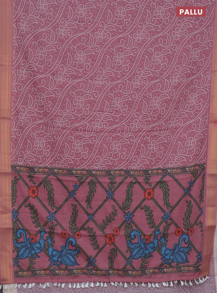 Spun cotton saree pink shade with allover bandhani prints and zari woven border