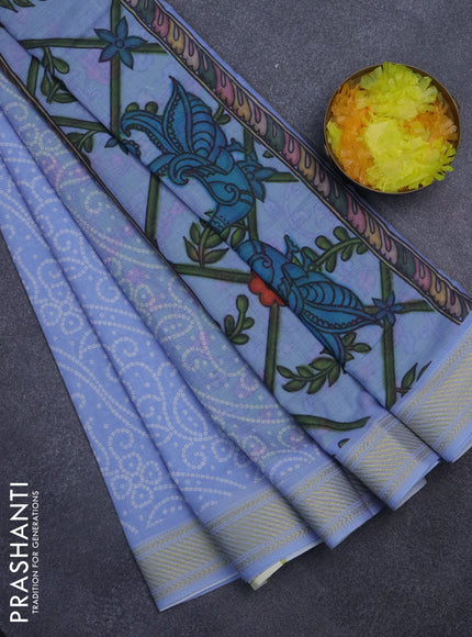 Spun cotton saree blue shade with allover bandhani prints and zari woven border