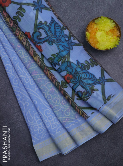 Spun cotton saree blue shade with allover bandhani prints and zari woven border