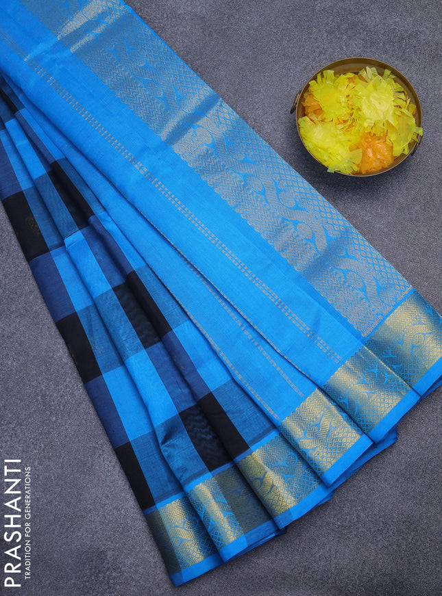 Silk cotton saree black and cs blue with allover paalum pazhamum & annam zari buttas and zari woven border