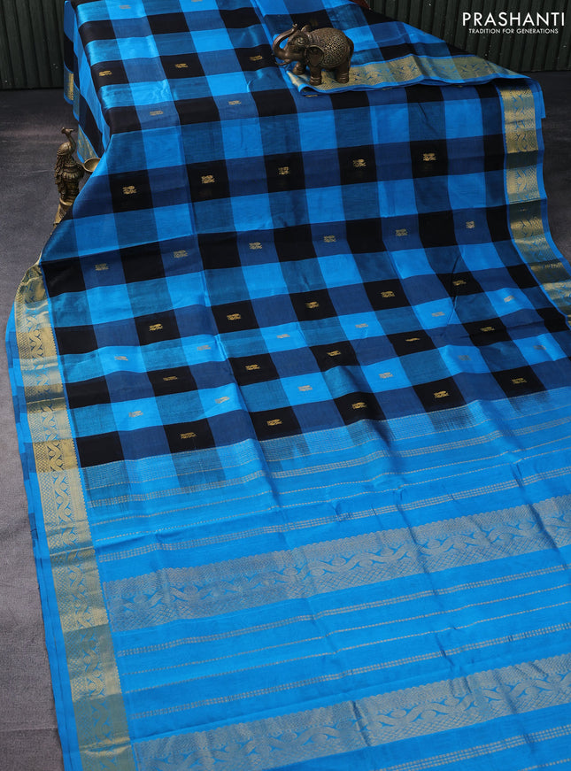 Silk cotton saree black and cs blue with allover paalum pazhamum & annam zari buttas and zari woven border