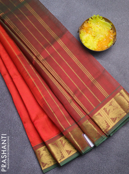 Silk cotton saree red shade and dual shade of greenish red with allover self emboss jacquard and annam zari woven border