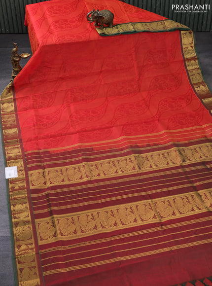 Silk cotton saree red shade and dual shade of greenish red with allover self emboss jacquard and annam zari woven border
