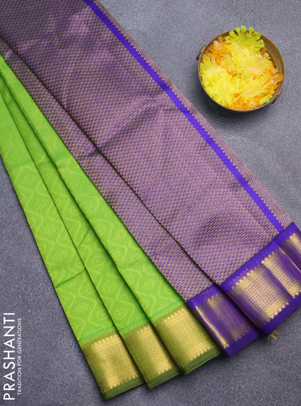 Silk cotton saree light green and blue with allover self emboss jacquard and rich zari woven border