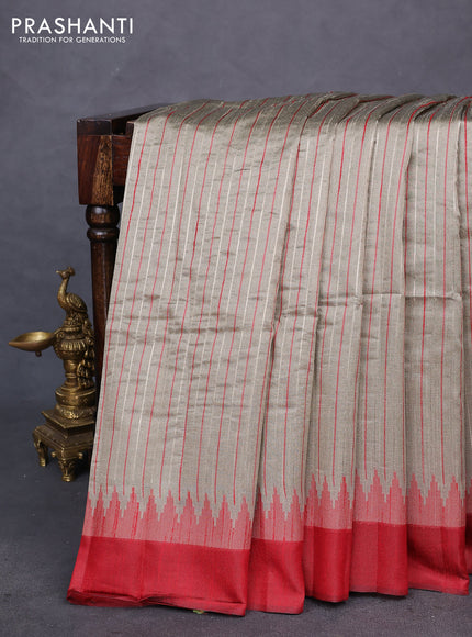 Semi dupion saree beige and kumkum red with allover thread & zari stripe pattern and temple design simple border