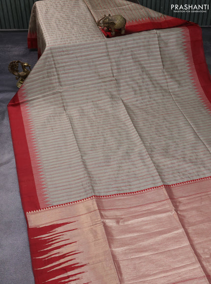 Semi dupion saree beige and kumkum red with allover thread & zari stripe pattern and temple design simple border