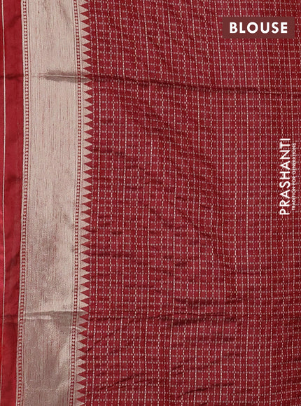Semi dupion saree beige and kumkum red with allover thread & zari stripe pattern and temple design simple border