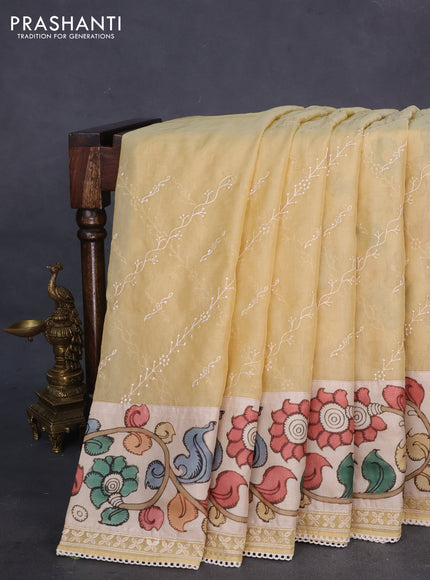 Semi organza saree sandal and beige with allover embroidery work and applique pallu & blouse