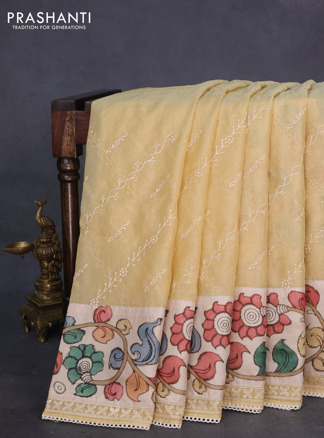 Semi organza saree sandal and beige with allover embroidery work and applique pallu & blouse