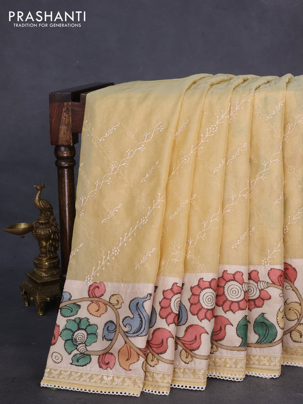 Semi organza saree sandal and beige with allover embroidery work and applique pallu & blouse