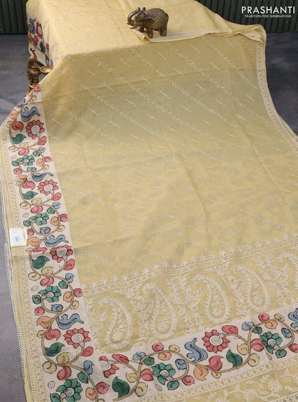 Semi organza saree sandal and beige with allover embroidery work and applique pallu & blouse