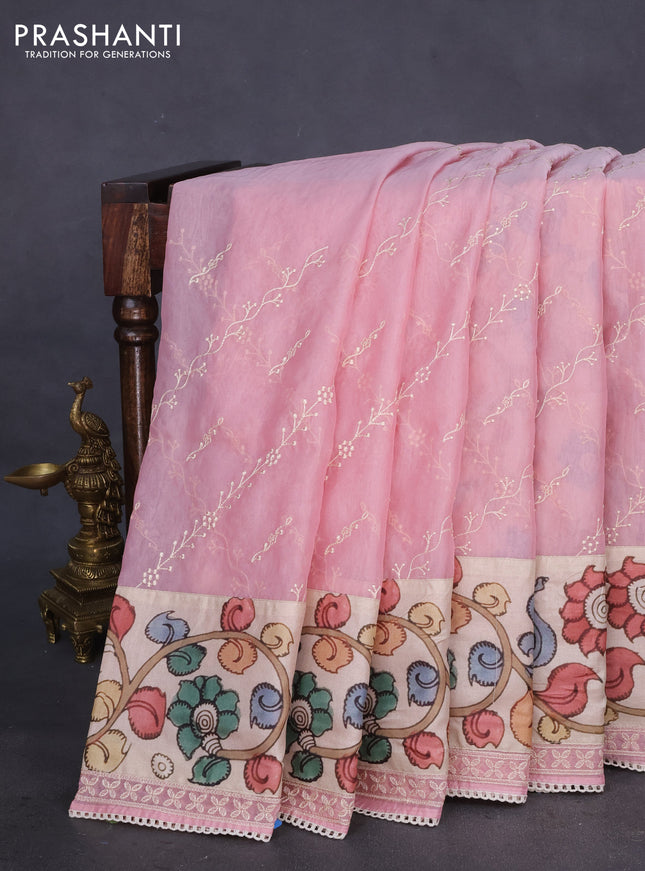 Semi organza saree peach pink and beige with allover embroidery work and applique pallu & blouse