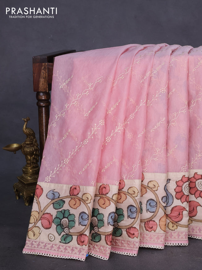 Semi organza saree peach pink and beige with allover embroidery work and applique pallu & blouse