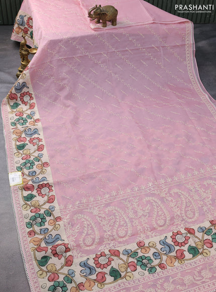 Semi organza saree peach pink and beige with allover embroidery work and applique pallu & blouse