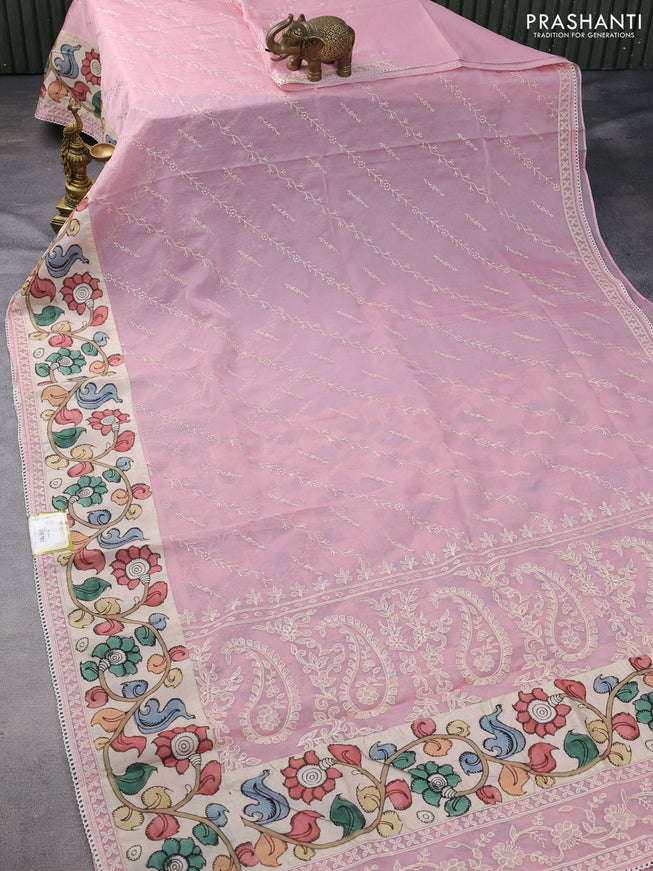 Semi organza saree peach pink and beige with allover embroidery work and applique pallu & blouse
