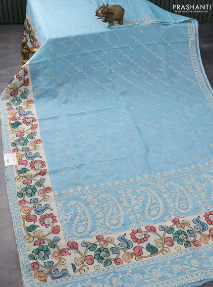 Semi organza saree pastel blue and beige with allover embroidery work and applique pallu & blouse