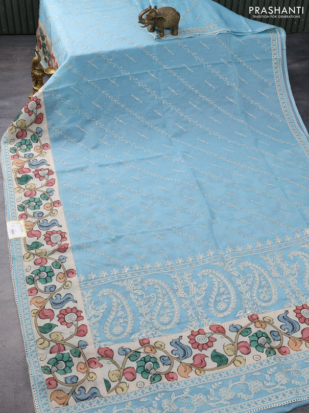 Semi organza saree pastel blue and beige with allover embroidery work and applique pallu & blouse