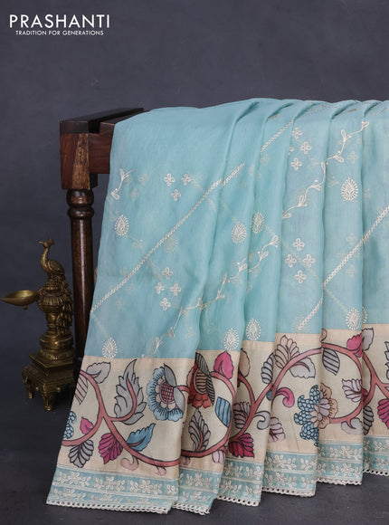 Semi organza saree pastel shade and beige with allover embroidery work and applique pallu & blouse