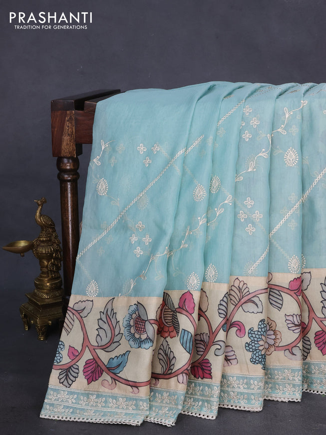 Semi organza saree pastel shade and beige with allover embroidery work and applique pallu & blouse